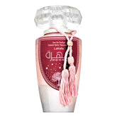 Lattafa Parfum Mohra Silky Rose parfumfles met roze franjes en Arabische tekst